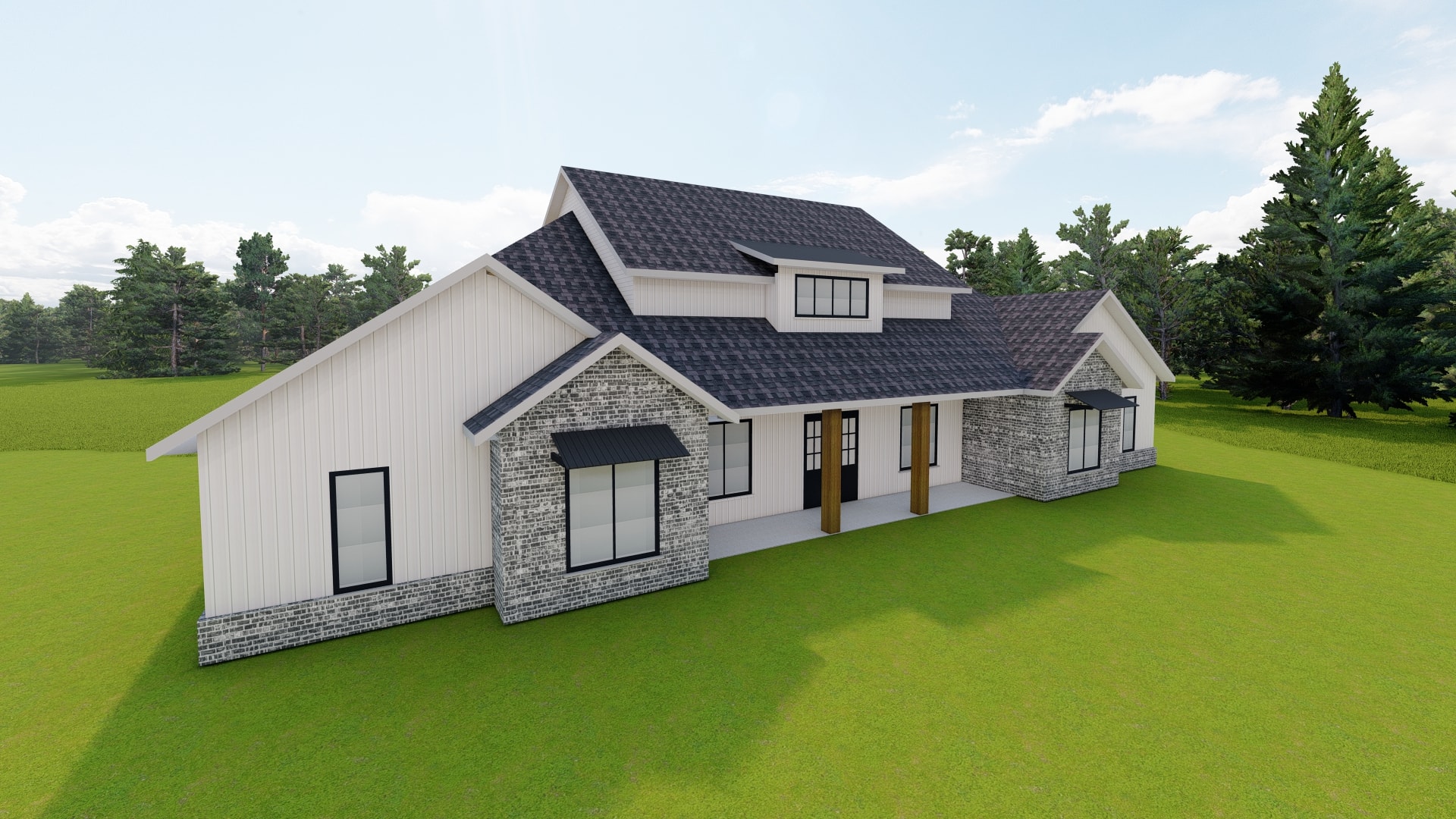 Sunlit custom home exterior with stone and plaster